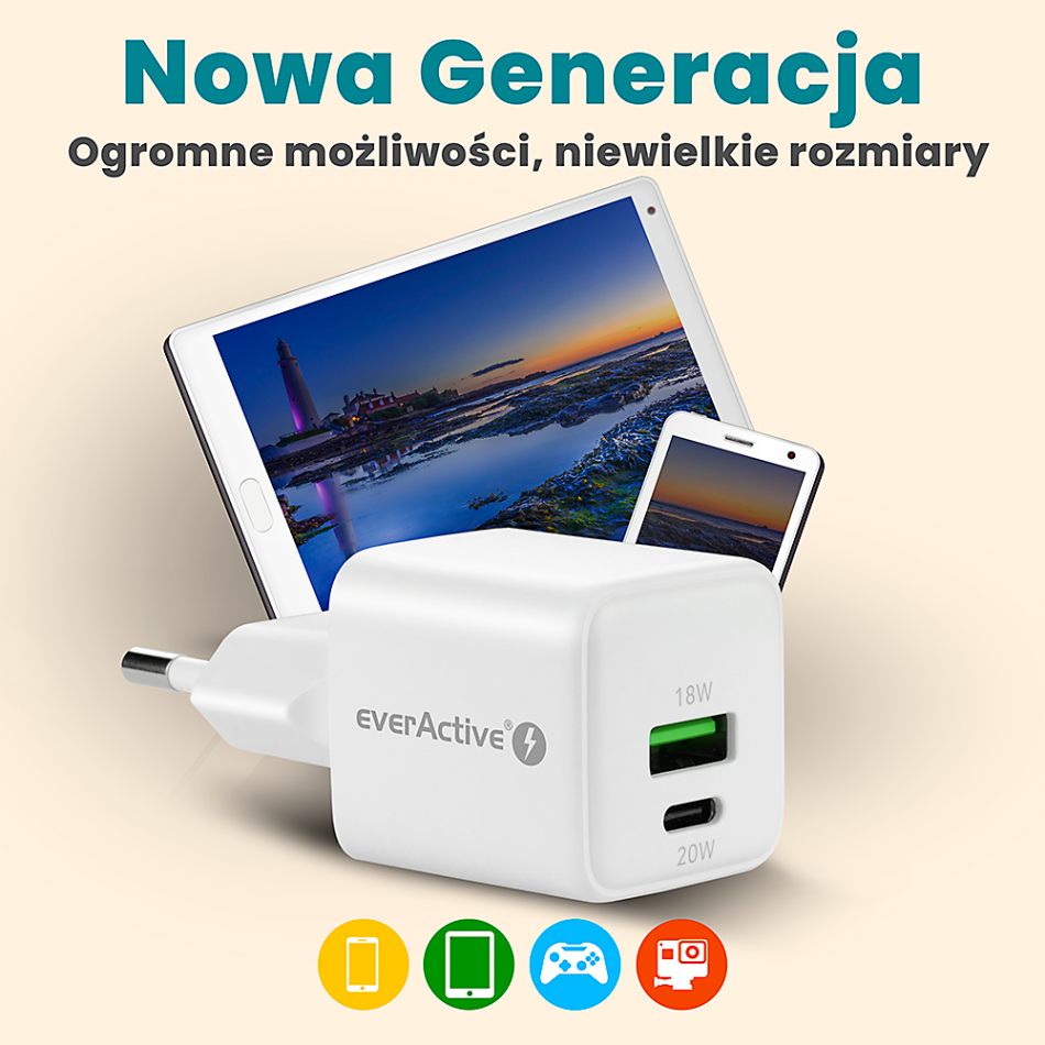 14 Ladowarka Sieciowa Everactive Gan Sc 330q Z Gniazdem Usb Qc3 0 Oraz Usb C Pd 20w