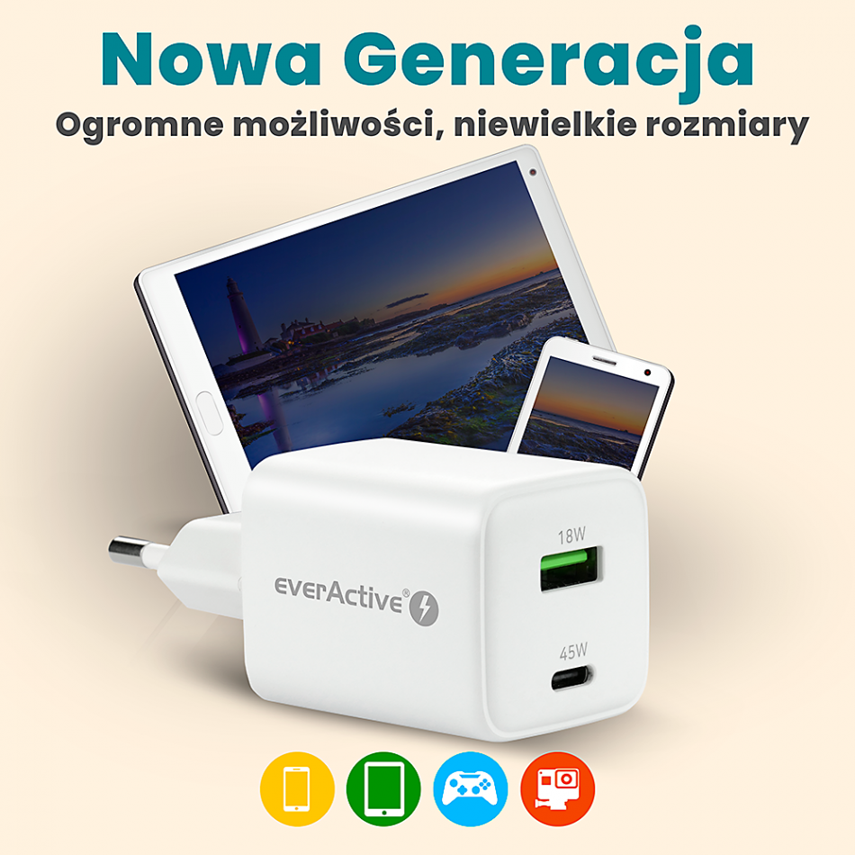 14 Ladowarka Sieciowa Everactive Gan Sc 450q Z Gniazdem Usb Oraz Usb C Pd Pps Qc4 45w