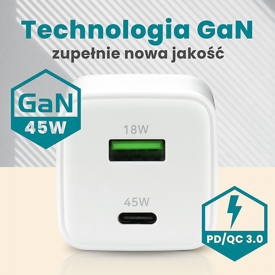 15 Ladowarka Sieciowa Everactive Gan Sc 450q Z Gniazdem Usb Oraz Usb C Pd Pps Qc4 45w 2