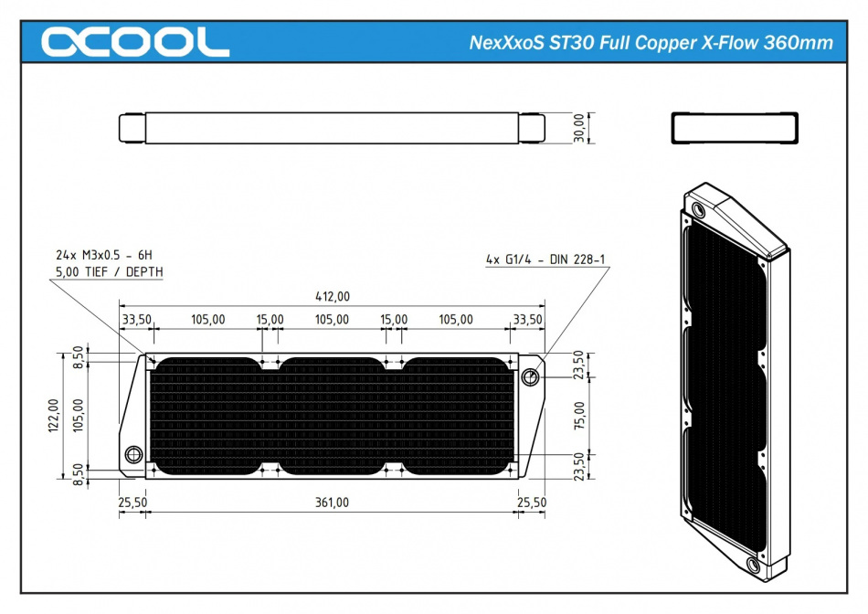 Alphacool Nexxxos St30 Full Copper X Flow 360mm Radiator