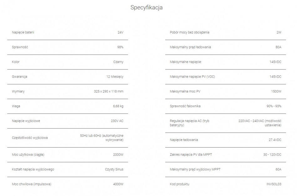Inwerter Solarny Falownik Off Grid Z Ladowarka Solarna Mppt Green Cell 24vdc 230vac 2000va 2000w Czysta Sinusoida Specyfikacja