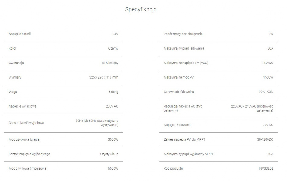 Inwerter Solarny Falownik Off Grid Z Ladowarka Solarna Mppt Green Cell 24vdc 230vac 3000va3000w Czysta Sinusoida Specyfikacja
