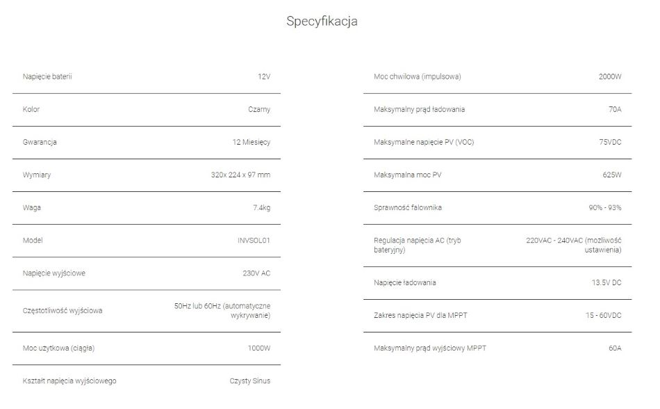 Inwerter Solarny Green Cell 1000w Sepcyfikacja