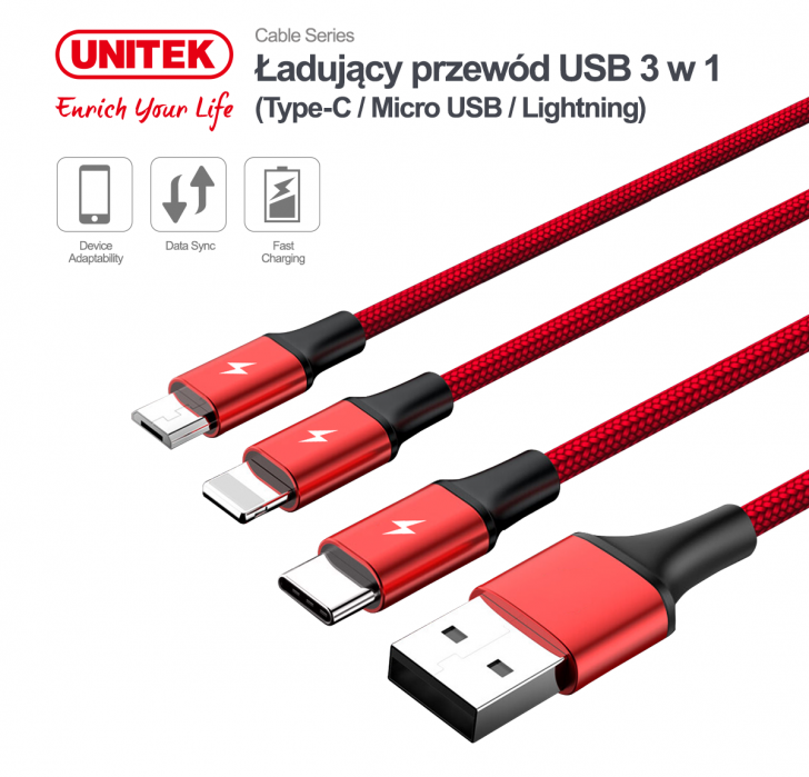 Pathetic Circus home Unitek przewód ładujący USB A 3 w 1 Lightning / USB TYP-C /… - ProLine
